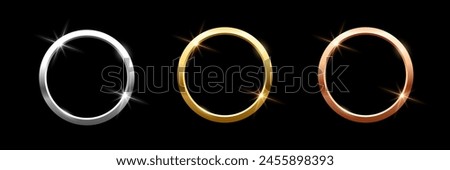 Gold, silver and bronze metal circle frames 3d vector realistic illustration. First, second and third place medals or buttons isolated on black background. Certified. Quality blank, empty badge set.