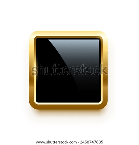 Black square button with golden frame vector illustration. 3d glossy elegant design for empty label, emblem, medal or badge, shiny and gradient light effect on plate isolated on white background.