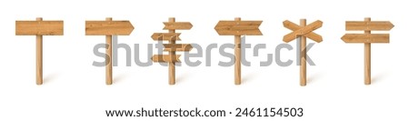 3d wooden signboards set vector illustration. Realistic wood sign posts. Blank arrows with wood texture, plywood road pointers.