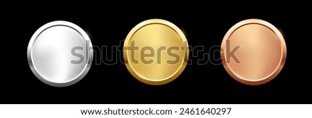 Award golden, silver and bronze blank medals 3d vector realistic illustration. First, second and third place medals or buttons isolated on black background. Quality blank, empty badge, emblem set.