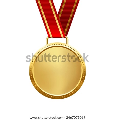 Gold medal with red ribbon first place vector illustration. Realistic isolated trophy medal with metal reward badge for winners and champions.