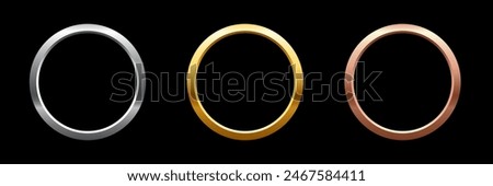 Gold, silver and bronze metal circle frames 3d vector realistic illustration. First, second and third place medals or buttons isolated on black background. Certified. Quality blank, empty badge set.