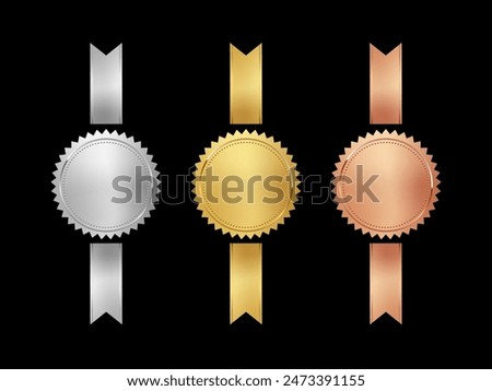 Gold, silver and bronze medals with vertical ribbons set vector illustration. 3d realistic award seals isolated on white. Golden design element for labels, certificates, badges, winners.