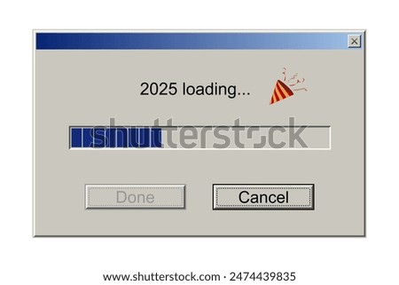2025 loading notification message in classic retro style of system user interface vector illustration. Retro download bar and buttons, window design mockup with upload progress of New Year holiday.