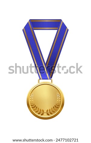 Gold medal with blue ribbon and laurel wreath vector illustration. Realistic isolated trophy medal with metal reward badge for winners and champions.