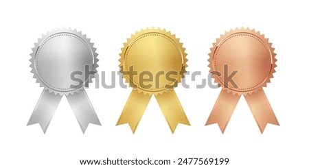 Medals for first, second, third place with ribbons. Gold, silver and bronze ranks on white background. Award nomination. Championship in sport or movie vector illustration.