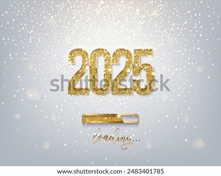 New Year golden loading bar vector illustration. 2025 Year progress with lettering. Party countdown, download screen. Invitation card, banner. Event, holiday expectation. Sparkling glitter background.