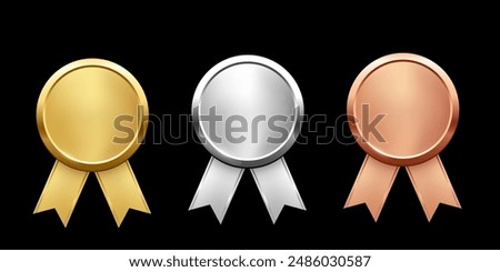 Medals for first, second, third place with ribbons. Gold, silver and bronze ranks on black background. Award nomination. Championship in sport or movie vector illustration