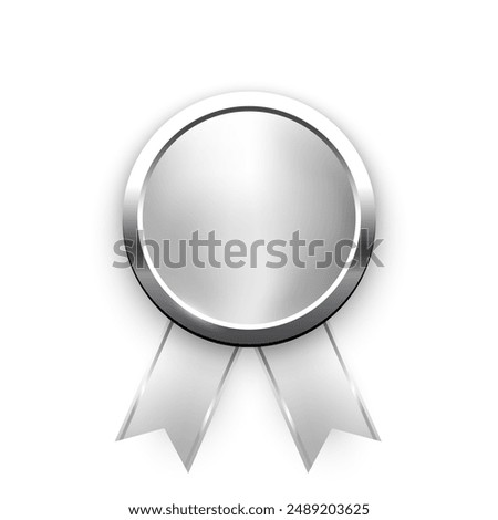 Silver medal for second place with ribbons and free space for award nomination name. Winner rank two on white background. Championship in sport or movie vector illustration.