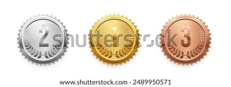 Gold, silver and bronze medals with numbers place set vector illustration. Realistic isolated trophy medal collection with metal reward badges for winners, champions, quality certificate, warranty.