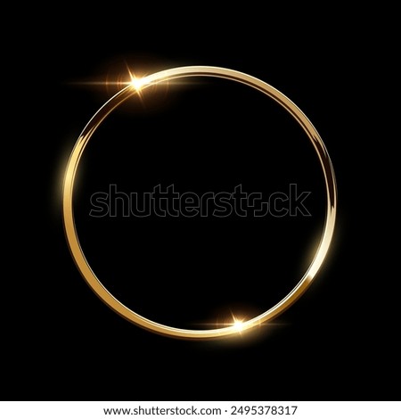 Gold circle frame. Golden award. Badge 3d vector realistic illustration. First place medal isolated on black background. Metal button. Empty round shiny element.