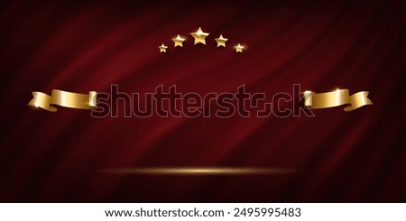 Award curtain background. Winner nomination prize banner with golden stars and ribbons vector illustration. Luxury ceremony poster template.