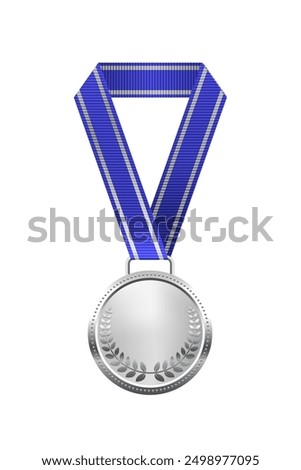 Silver medal with blue ribbon second place vector illustration. Realistic isolated trophy medal with metal reward badge for winners and champions.