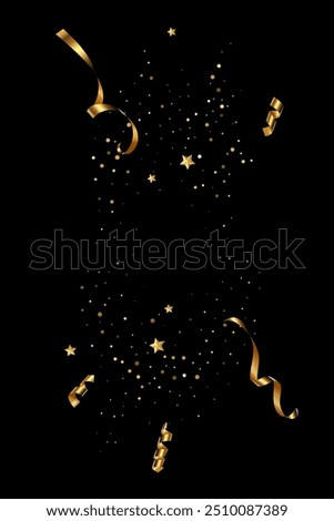 Gold confetti birthday background. Golden ribbons, stars and confetti party pattern. Congratulations black vertical banner with copyspace. Gift elegant vector illustration.