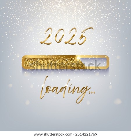 New Year golden loading bar vector illustration. 2025 Year progress with lettering. Party countdown, download screen. Invitation card, banner. Event, holiday expectation. Sparkling glitter background.