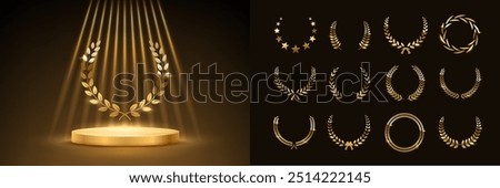 Gold award podium with laurel wreath and set of different golden laurel wreaths vector illustration. Luxury templates for glamour product presentation, winner ceremony.