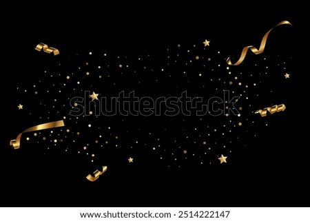 Gold confetti birthday background. Golden ribbons, stars and confetti party pattern. Congratulations black horizontal banner with copyspace. Gift elegant vector illustration.