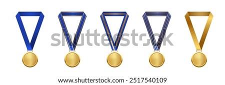 Gold medal with blue ribbon first place vector illustration set. Realistic isolated trophy medals with different red and gold ribbons for winners and champions ceremony.