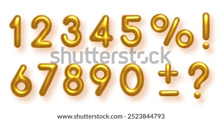 Birthday golden balloon numbers isolated on white background. Set of gold yellow isolated numbers. Bright metallic 3D realistic vector design elements for anniversary, celebration, party, sale.