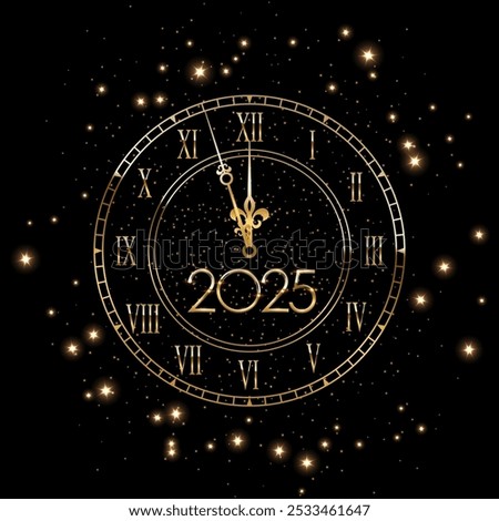 2025 Happy New Year greeting card vector background. 2025 golden numbers with midnight time on gold clock face and starks sky. Luxury festive sparkle holiday postcard, invitation, banner.