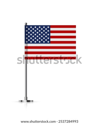 American flag on metal stick. Mini flag of United States of America on silver pole. Flagpole on steel vertical stand, isolated desktop flagstaff. 3D realistic vector illustration.