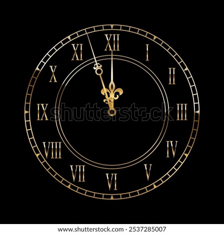 Gold clock face with midnight time. 3d golden watch on black background. Classic vintage luxury elegant roman numeral clock. Realistic vector illustration for new year or Christmas greeting card.