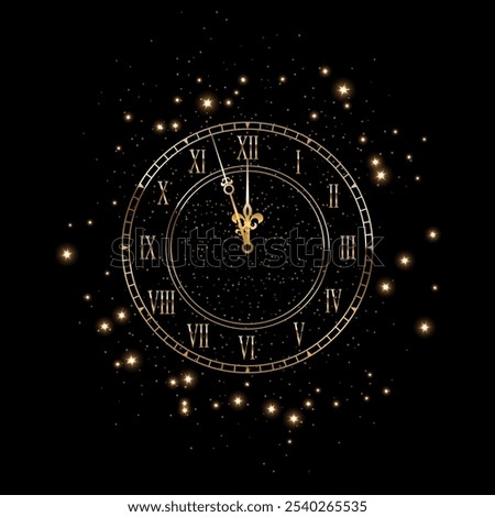 Gold clock face with midnight time. 3d golden watch on black background. Classic vintage luxury elegant roman numeral clock. Realistic vector illustration for new year or Christmas greeting card.