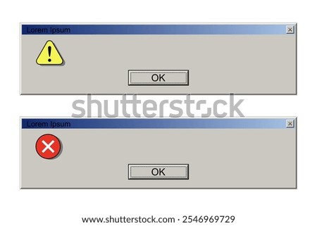 Old interface window with error messages. PC problems, web browser alert, software system bug. Program failure. Retro vector illustration.