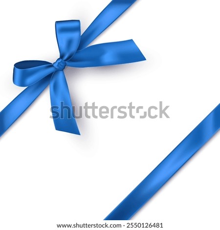 Blue ribbon with bow on white background. Blue gift wrapping decoration element. Present box decoration. Realistic 3d vector illustration.