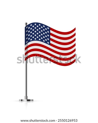 American flag on metal stick. Mini flag of United States of America on silver pole. Flying flagpole on steel vertical stand, isolated desktop flagstaff. 3D realistic vector illustration.