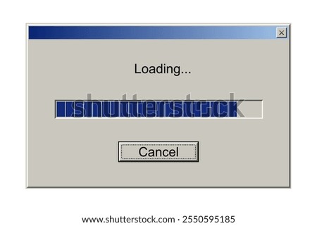 Retro interface window with download bar. Alert window on computer monitor with loading message vector illustration. Classic style of upload progress in old system user interface with button cancel.