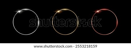 Gold, silver and bronze circle frames. First, second and third place medals isolated on black background. Blank metal ring, button, stamp, emblem, sticker, label. Abstract 3d vector illustration.