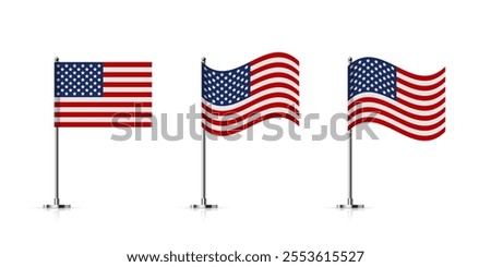 American flags on metal sticks. Mini flags of United States of America on silver poles. Flagpoles on steel vertical stands, isolated desktop flagstaffs. 3D realistic vector illustration set.