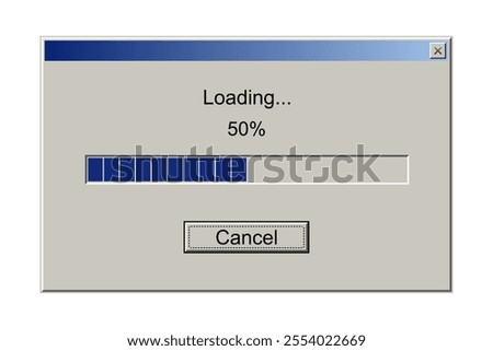 Retro interface window with download bar. Alert window on computer monitor with loading message vector illustration. Classic style of upload progress in old system user interface with button cancel.