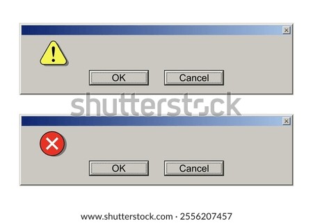 Old interface window with error messages. PC problems, web browser alert, software system bug. Program failure. Retro vector illustration.