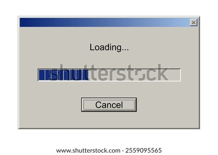 Retro interface window with download bar. Alert window on computer monitor with loading message vector illustration. Classic style of upload progress in old system user interface with button cancel.