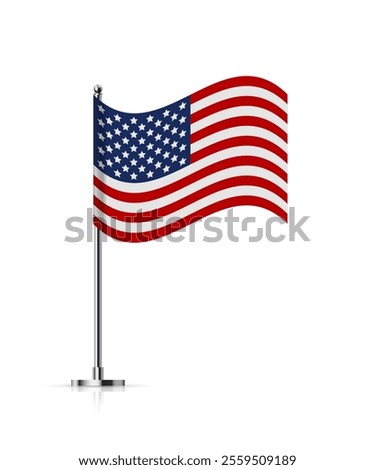 American flag on metal stick. Mini flag of United States of America on silver pole. Flying flagpole on steel vertical stand, isolated desktop flagstaff. 3D realistic vector illustration.