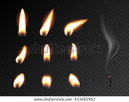 Set of fire flame. Realistic candle flame isolated on black background.