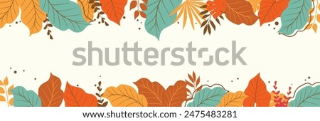  Autumn Leaves Border isolated on White. Red, yellow and orange fall leaves with copy space. Fall foliage frame for text. Editable vector illustration