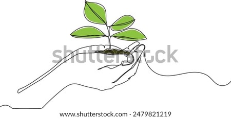 Continuous one line growing sprout in the hands of man, Eco concept