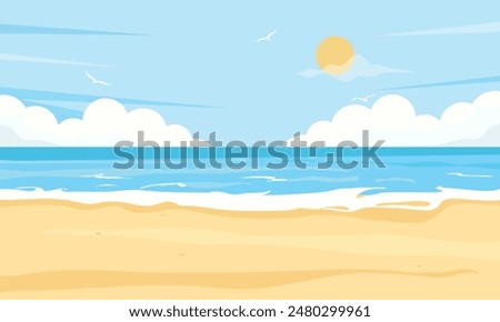 Tropical landscape of coast beautiful sea shore beach on good sunny day flat vector illustration