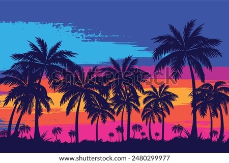 Evening on the beach with palm trees. An evening on the beach with palm trees. Colorful picture for rest. Blue palm trees at sunset. Orange sunset in the blue sky. Palmeny island. Summer sunset agains