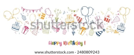 Fun hand drawn party seamless background with cakes, gift boxes, balloons and party decoration. Great for birthday parties, textiles, banners, wallpapers, wrapping - vector design