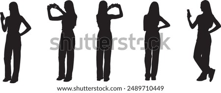 Collection of different young woman silhouettes using phone and bag accessories from everyday life. Easy editable layered vector illustration.