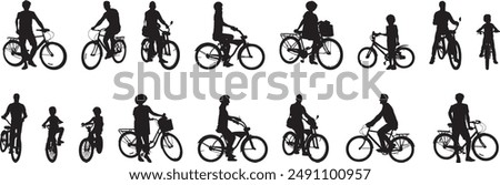 Happy family riding bicycle together, vector silhouette. Little boy and girl riding bicycle with parents. Mother and father with kids outdoor enjoying in bike driving. Biker family. Electric bike.