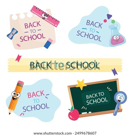 Back to school badge, logo. Label design. School icon. September emblem sticker set. Student sale marketing elements. Back to school day celebration. Education children mark