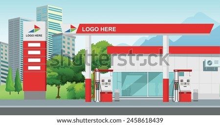 Icon petrol station store art modern map road sign symbol logo famous city style buy shop store urban 3d flat rest area street trip gas pom red solar oil fuel spbu pump bumn vector green grass tree
