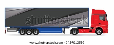 truck long box heavy big auto motor power lorry carry semi icon logo sign art side view flat 3d road cargo work drive vector red blue colors