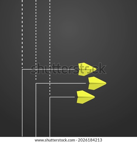 The concept of individuality. Individual and unique leader yellow paper airplane flying to the side