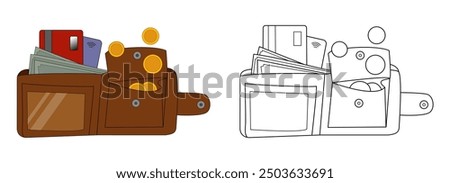 An illustration of a wallet with coins, banknotes and cards. An open wallet. Finance and money illustration. An outline drawing of a wallet. A colored illustration of a wallet with money.